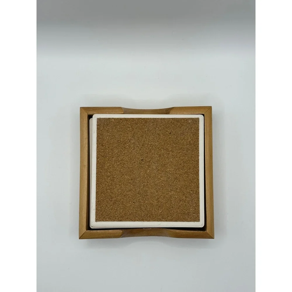 Vintage Nautical Sailboat Ceramic Coaster Set of 4 with Wood Holder Blue White‎